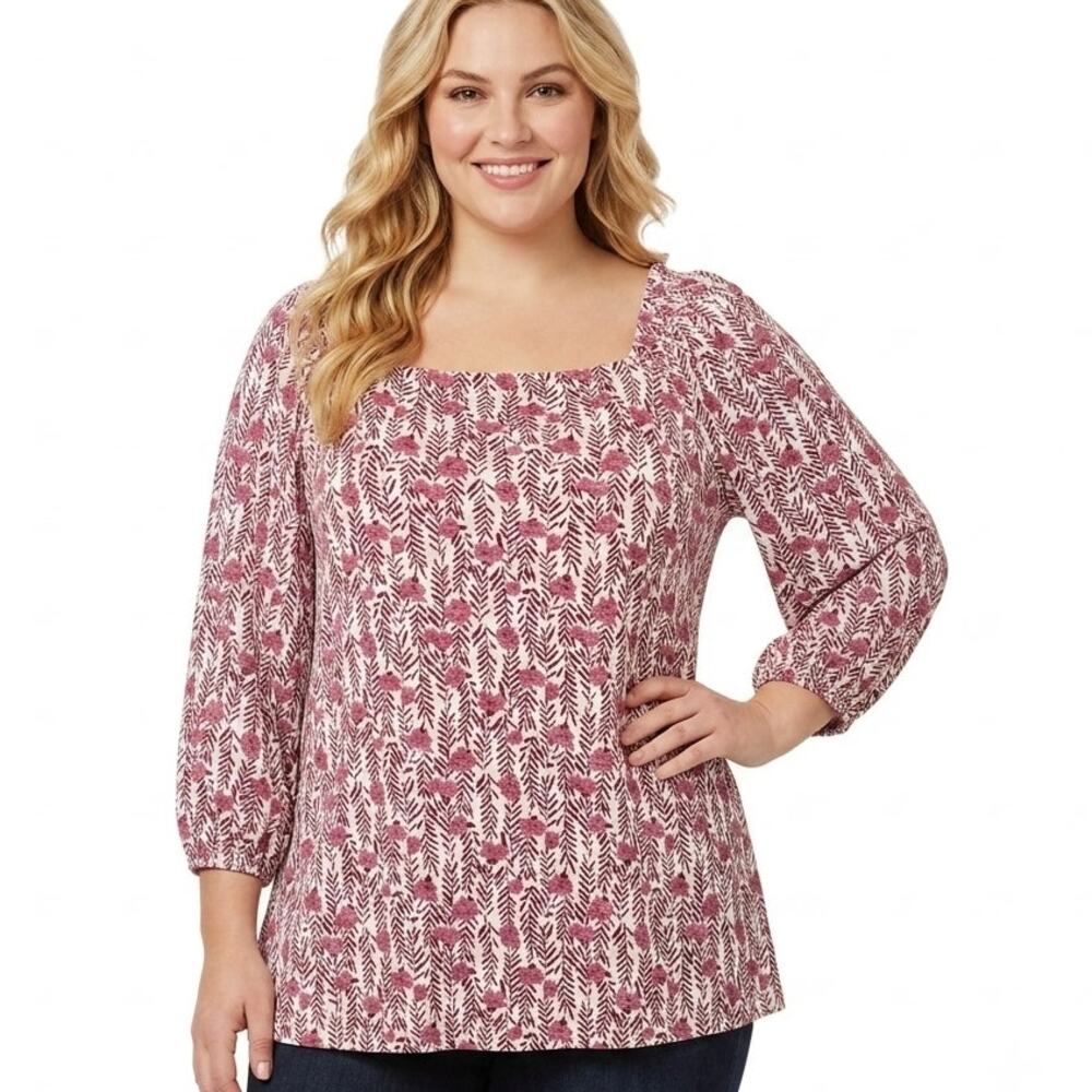Style & Co Floral Square Neck Top Womens Size 1X White Mauve Stretch Knit Tee